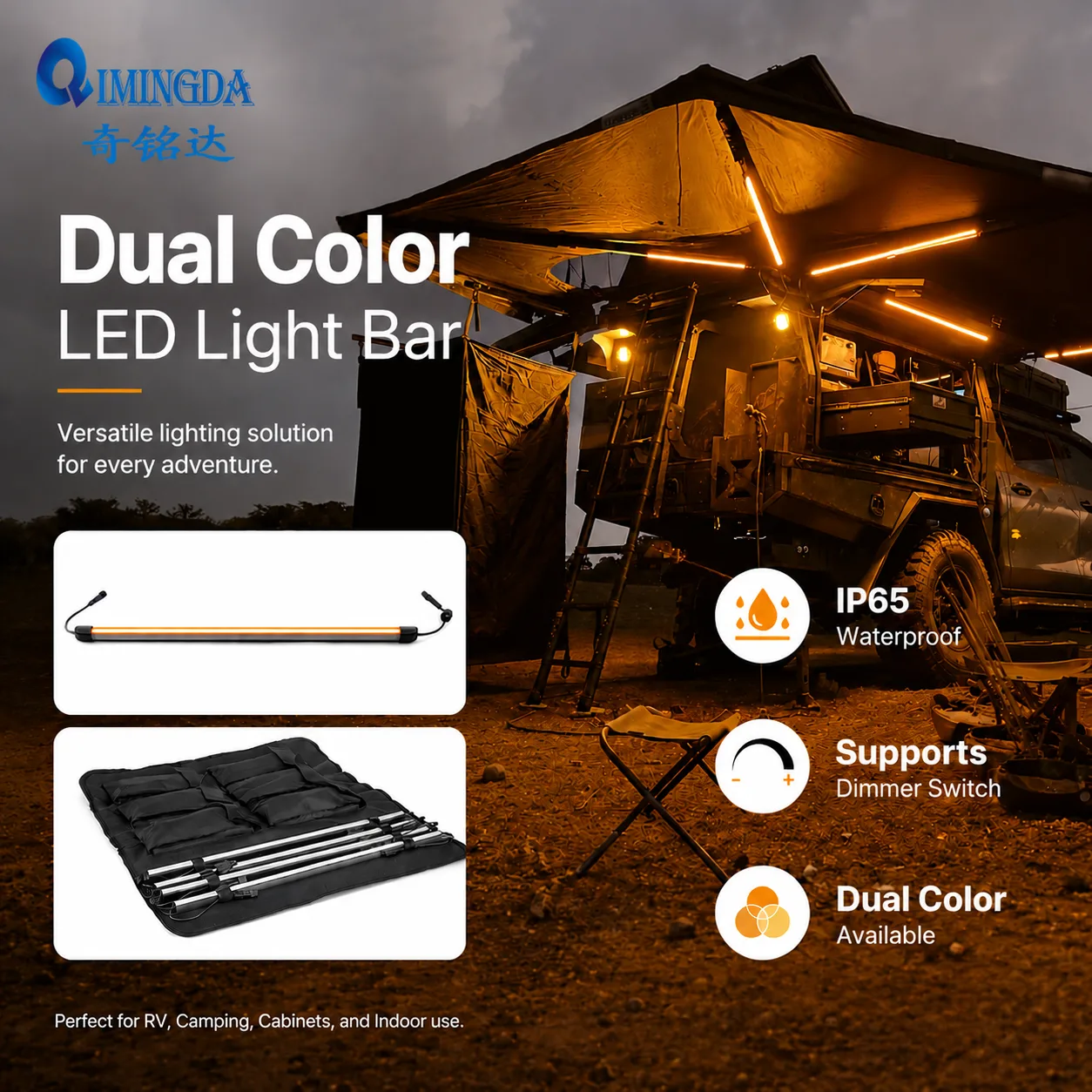 Waterproof Aluminum LED Strip Light Kit, 12V-24V Dual Color Remote Dimmer Bar for RV, Van & Cabinet