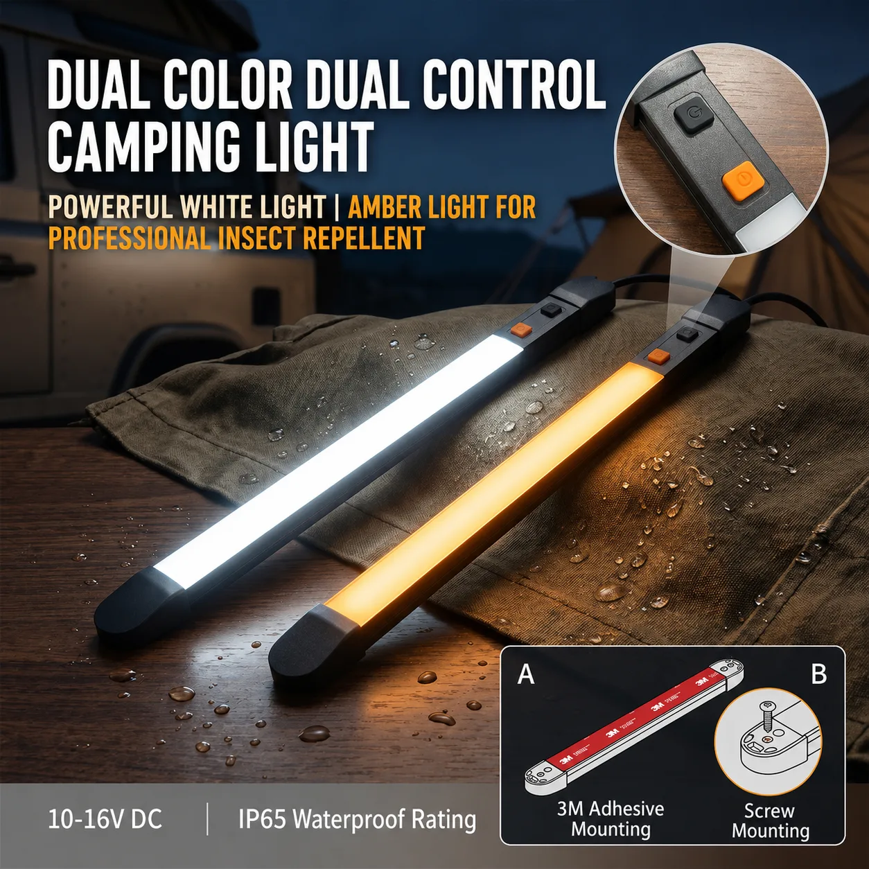 Outdoor Two-Tone Awning Camping Light: Amber/Red + White