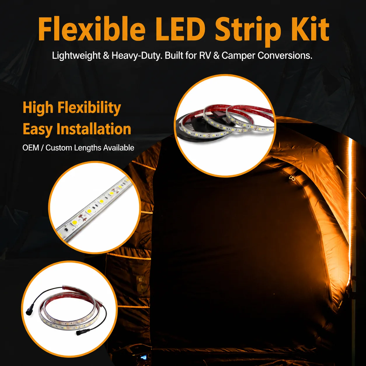 IP68 Waterproof Flexible LED Strip Light Kit, Dual Color 12V Camping Light with Quick Mount Carabiners for RV & Outdoor