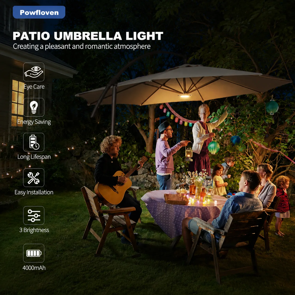 Powfrozen Rechargeable LED Patio Umbrella Light with Remote Control