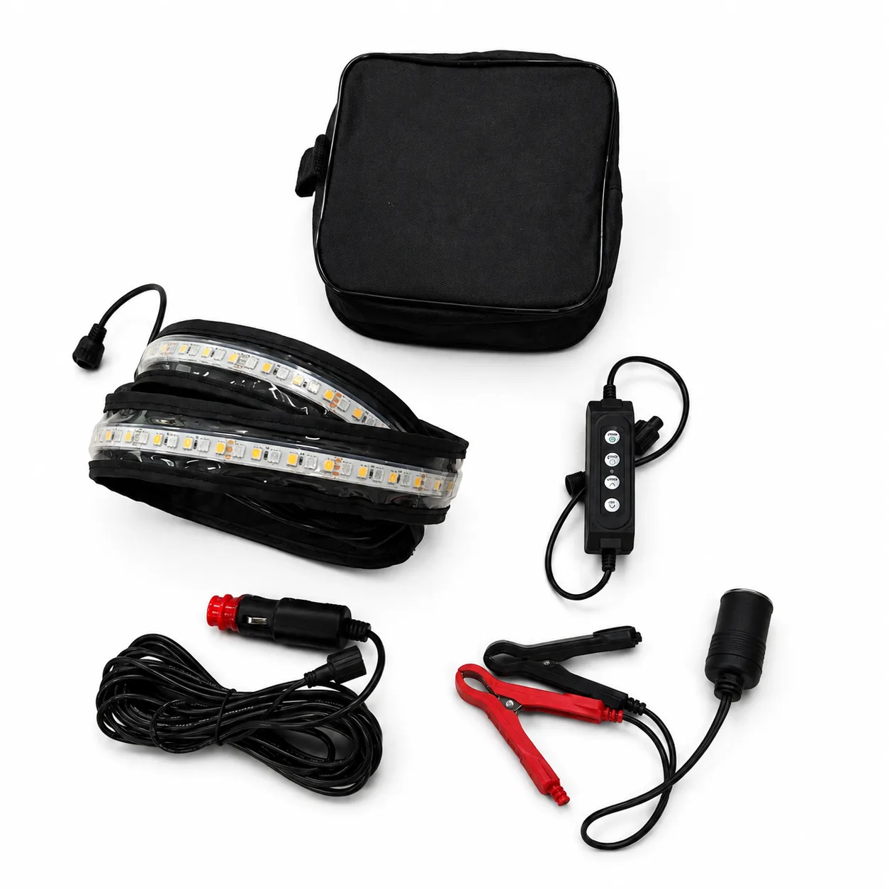 IP68 Waterproof Flexible LED Strip Light Kit, Dual Color 12V Camping Light with Quick Mount Carabiners for RV & Outdoor
