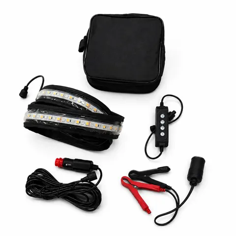 IP68 Waterproof Flexible LED Strip Light Kit, Dual Color 12V Camping Light with Quick Mount Carabiners for RV & Outdoor
